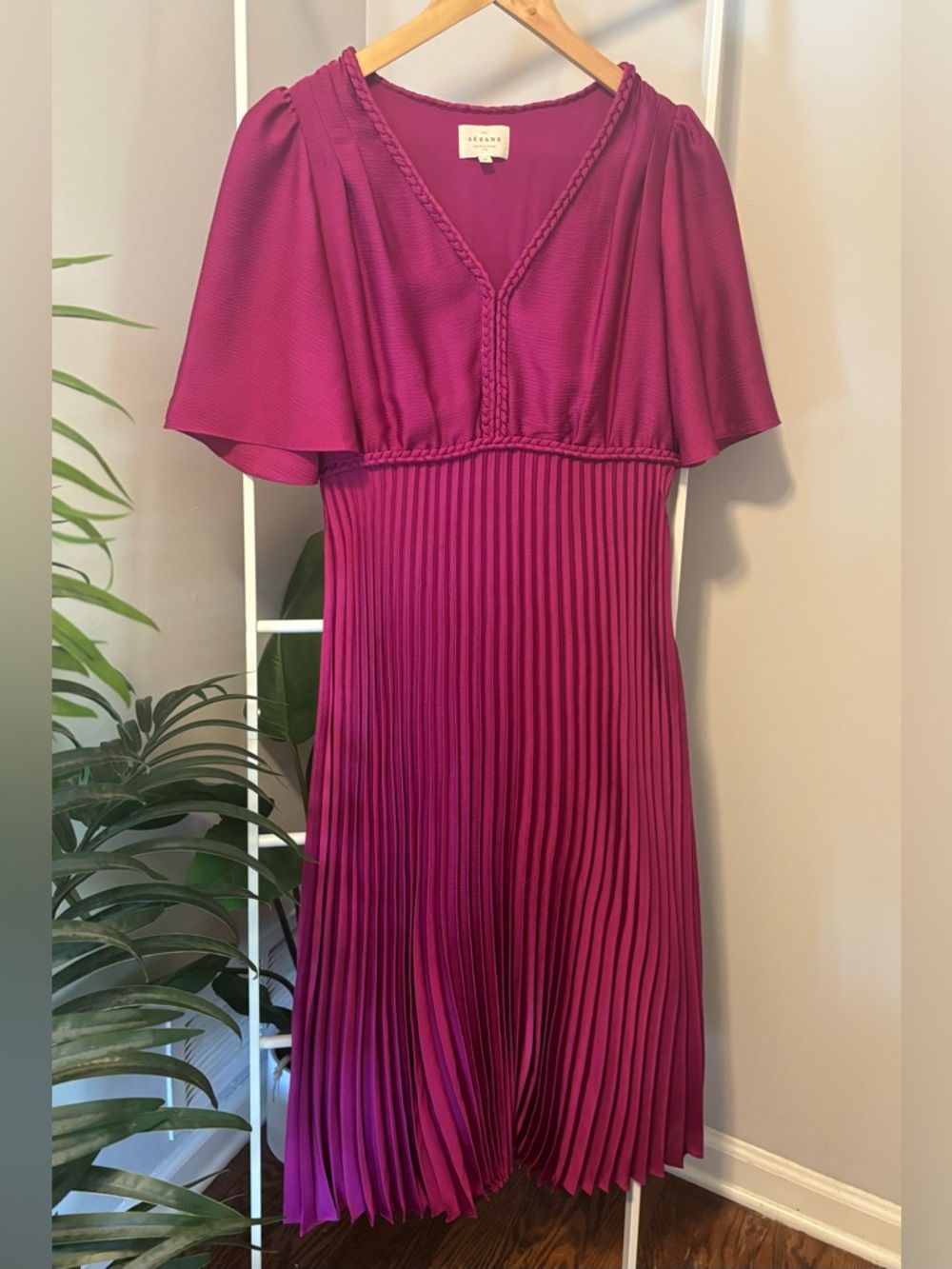 Sezane Pleated V-Neck Midi Dress in Magenta - Picture 3 of 16